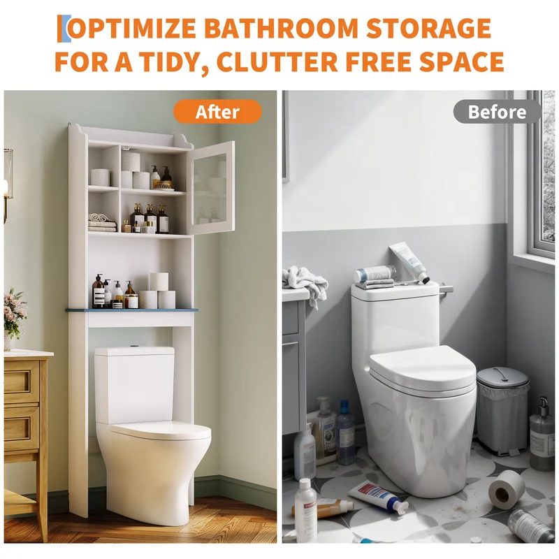 Garvee Mobiletto Da Bagno Sopra WC Con Ante In Vetro, Ripiani Regolabili, Bianco, 58.4x18.5x174 cm - Organizer Salvaspazio Per Bagno E Lavanderia