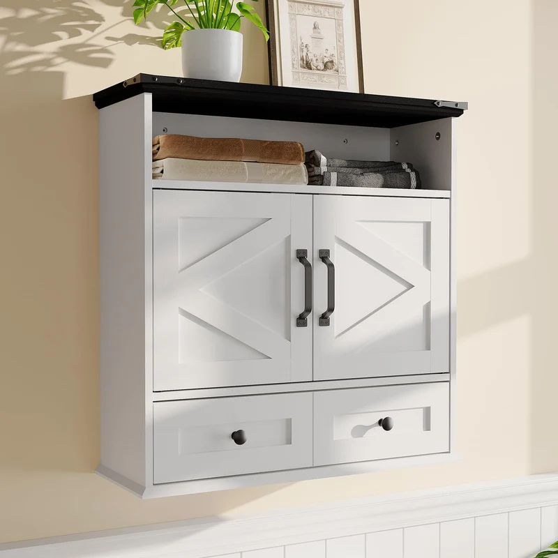 Garvee Armadio da Parete per Bagno con Ante a Fienile, Ripiani Regolabili, Legno Bianco, Stile Rustico, 64x60x23 cm