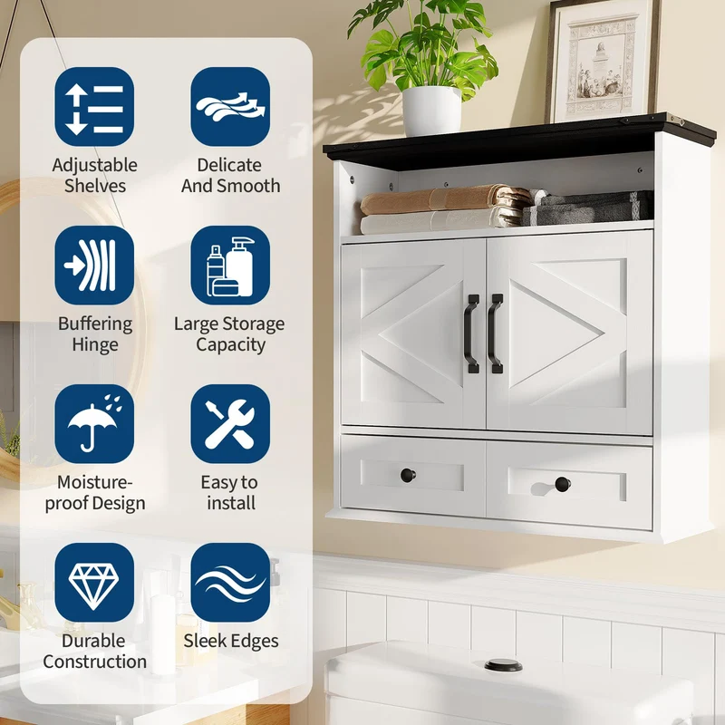 Garvee Armadio da Parete per Bagno con Ante a Fienile, Ripiani Regolabili, Legno Bianco, Stile Rustico, 64x60x23 cm
