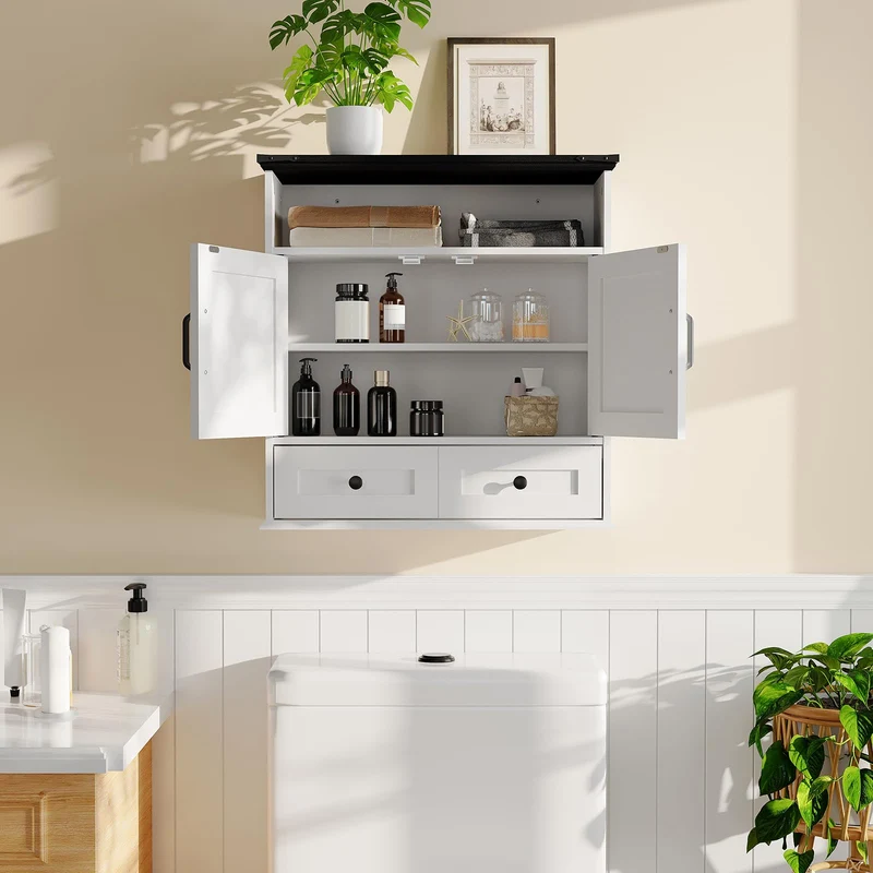 Garvee Armadio da Parete per Bagno con Ante a Fienile, Ripiani Regolabili, Legno Bianco, Stile Rustico, 64x60x23 cm