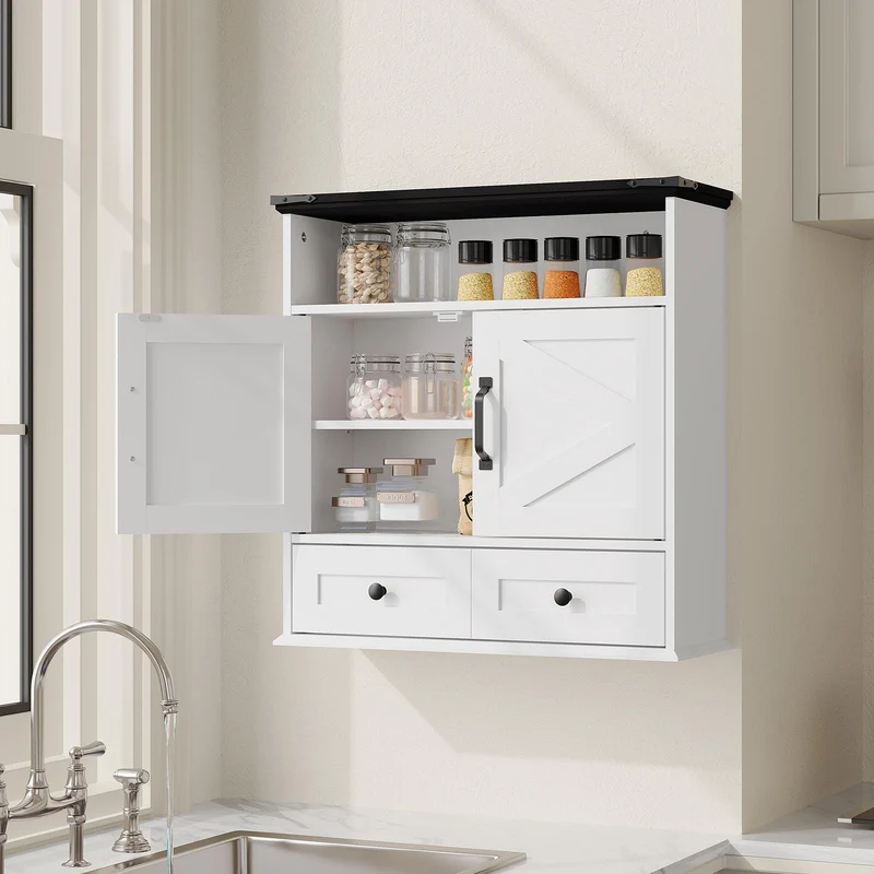 Garvee Armadio da Parete per Bagno con Ante a Fienile, Ripiani Regolabili, Legno Bianco, Stile Rustico, 64x60x23 cm