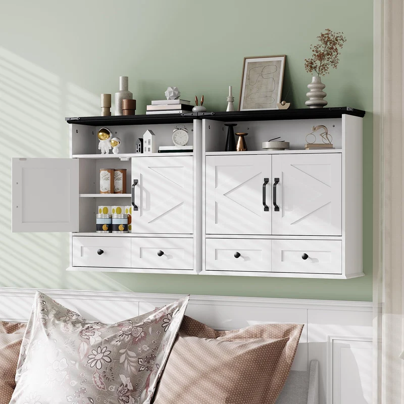 Garvee Armadio da Parete per Bagno con Ante a Fienile, Ripiani Regolabili, Legno Bianco, Stile Rustico, 64x60x23 cm