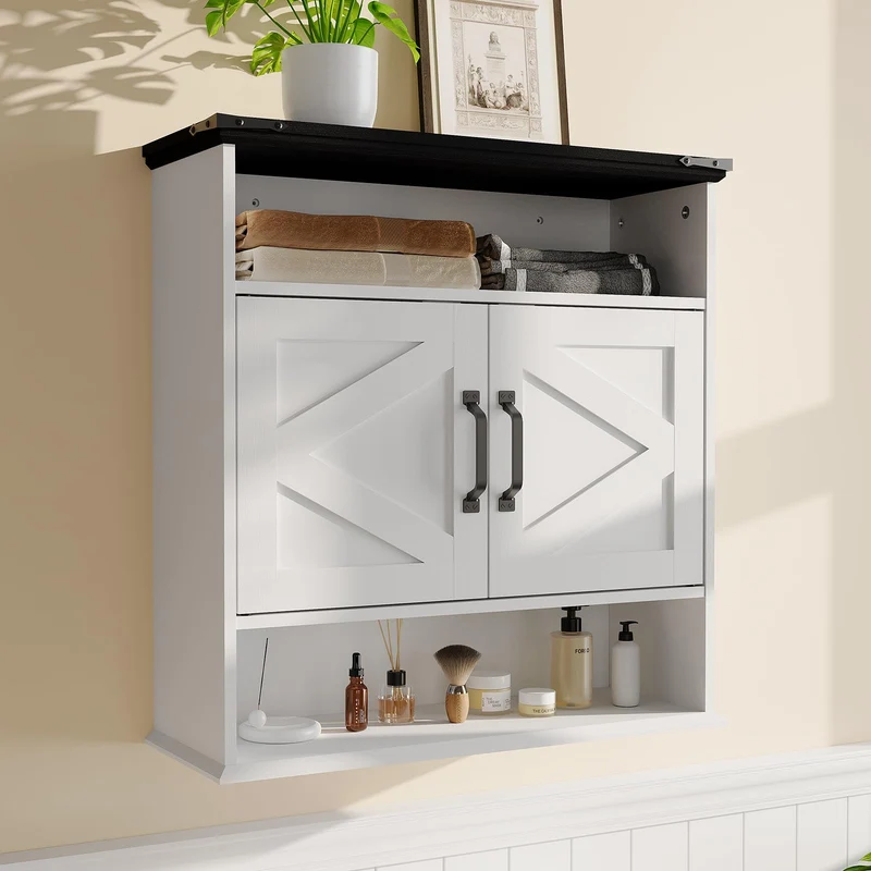 Garvee Armadio da Parete per Bagno con Ante a Fienile, Ripiani Regolabili, Legno Bianco, Stile Rustico, 64x60x23 cm