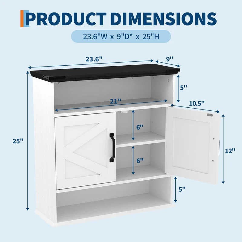 Garvee Armadio da Parete per Bagno con Ante a Fienile, Ripiani Regolabili, Legno Bianco, Stile Rustico, 64x60x23 cm