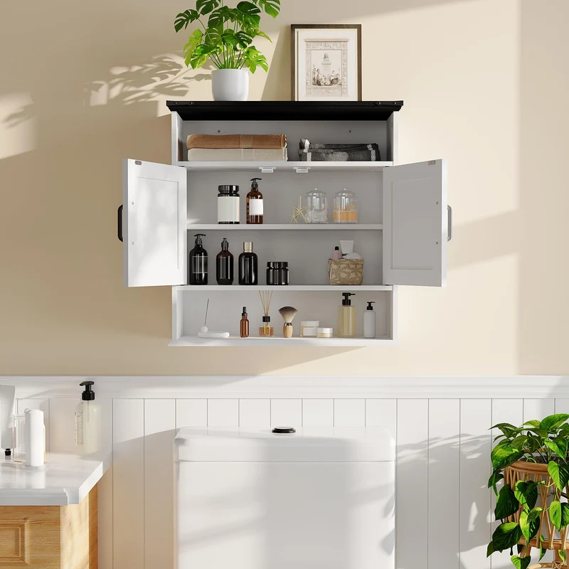 Garvee Armadio da Parete per Bagno con Ante a Fienile, Ripiani Regolabili, Legno Bianco, Stile Rustico, 64x60x23 cm