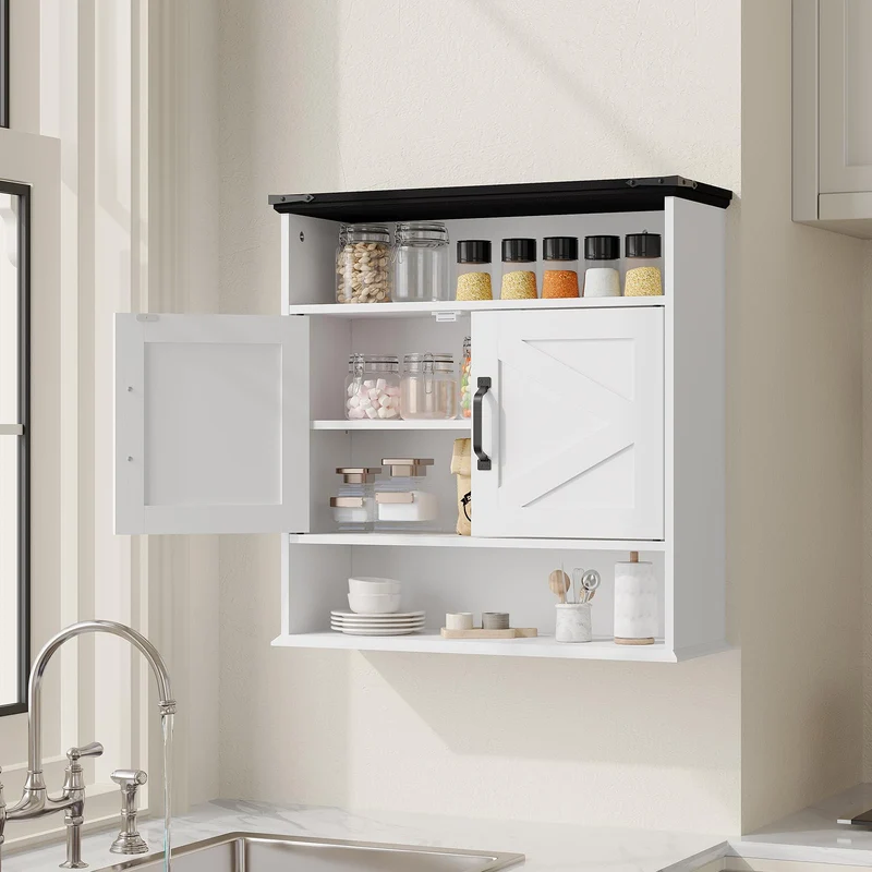 Garvee Armadio da Parete per Bagno con Ante a Fienile, Ripiani Regolabili, Legno Bianco, Stile Rustico, 64x60x23 cm