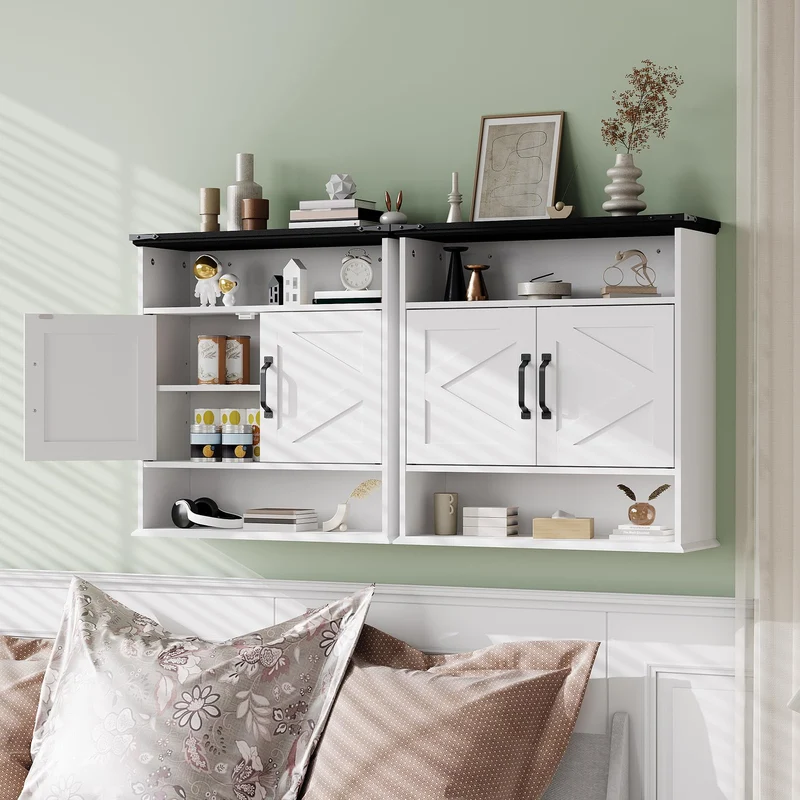 Garvee Armadio da Parete per Bagno con Ante a Fienile, Ripiani Regolabili, Legno Bianco, Stile Rustico, 64x60x23 cm