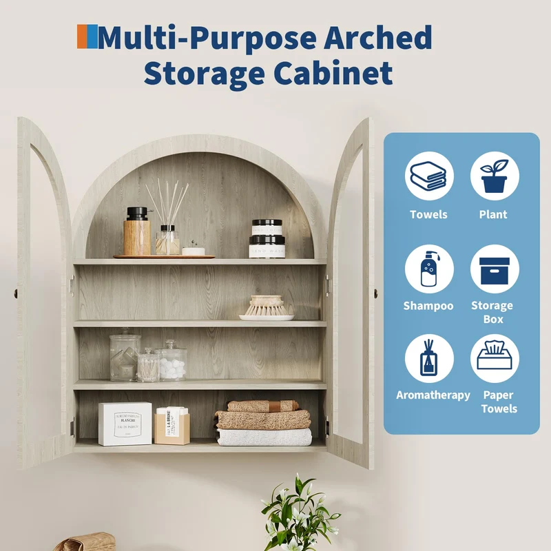 Garvee Armadio da Parete Arco Mobiletto Bagno con Ante Acriliche Ripiani Regolabili Legno Ingegnerizzato Oro per Cucina e Bagno 61x23.1x70.1 cm