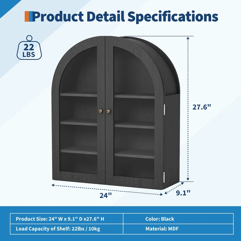 Garvee Armadio a Muro Arco Piccolo con Ante Acriliche per Bagno e Cucina, 61x23.1x70.1 cm, Nero, Legno Ingegnerizzato