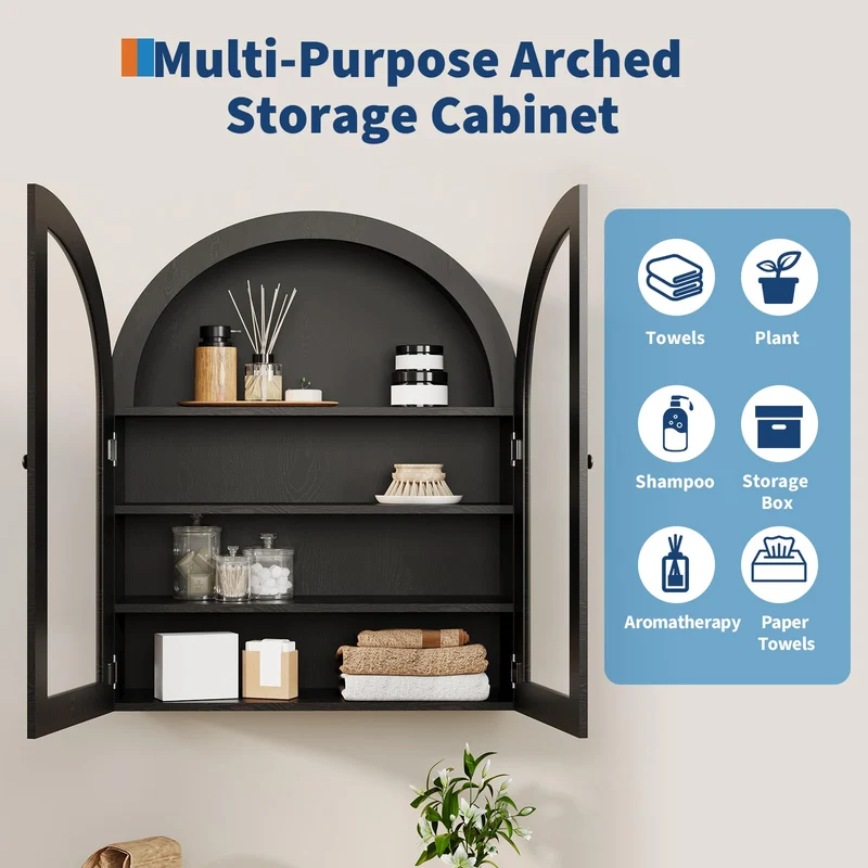 Garvee Armadio a Muro Arco Piccolo con Ante Acriliche per Bagno e Cucina, 61x23.1x70.1 cm, Nero, Legno Ingegnerizzato