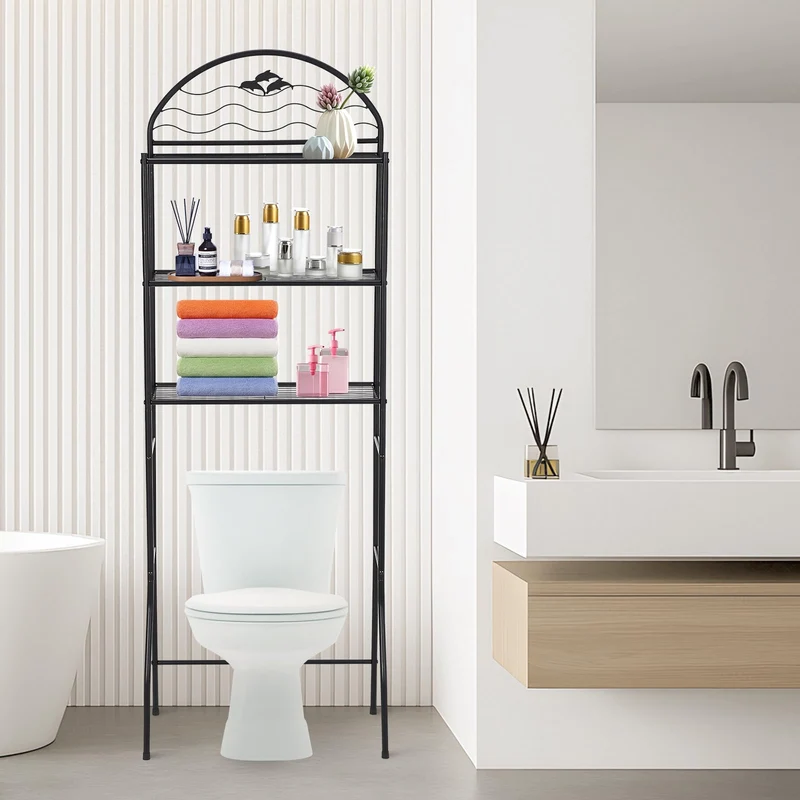 Garvee Mensola Sopra WC 3 Ripiani Organizer Bagno Nero, Ferro, Elegante, 57,2x31x170 cm, Compatto
