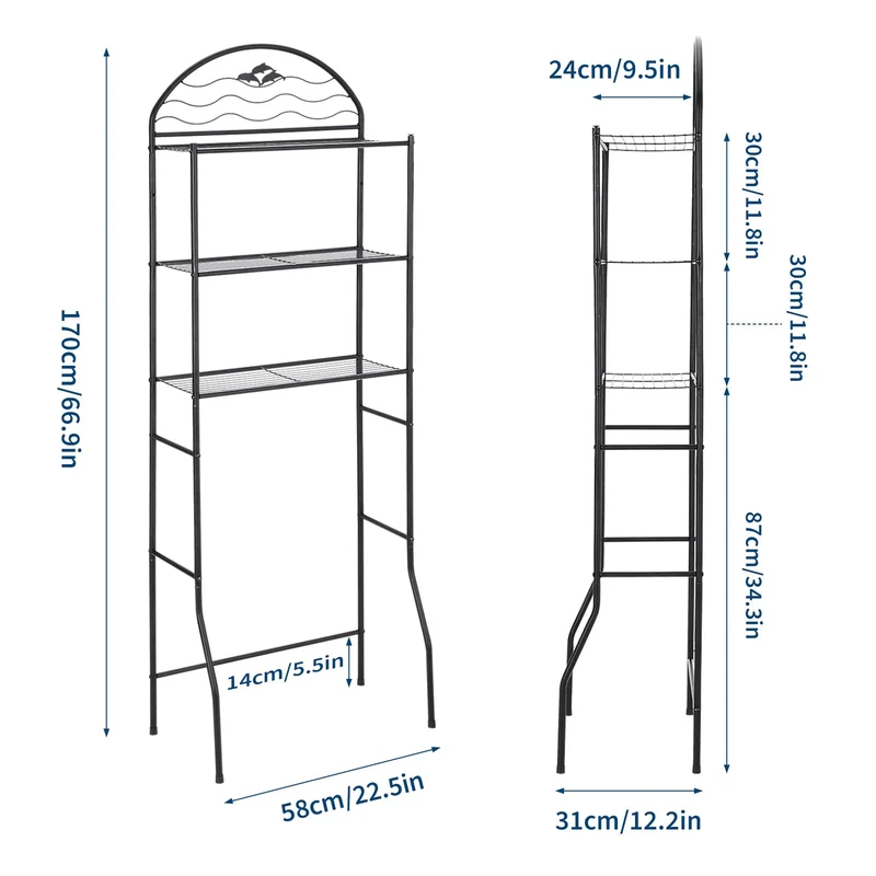 Garvee Mensola Sopra WC 3 Ripiani Organizer Bagno Nero, Ferro, Elegante, 57,2x31x170 cm, Compatto