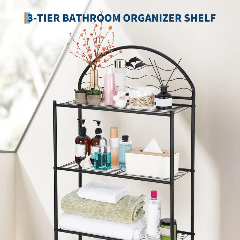Garvee Mensola Sopra WC 3 Ripiani Organizer Bagno Nero, Ferro, Elegante, 57,2x31x170 cm, Compatto