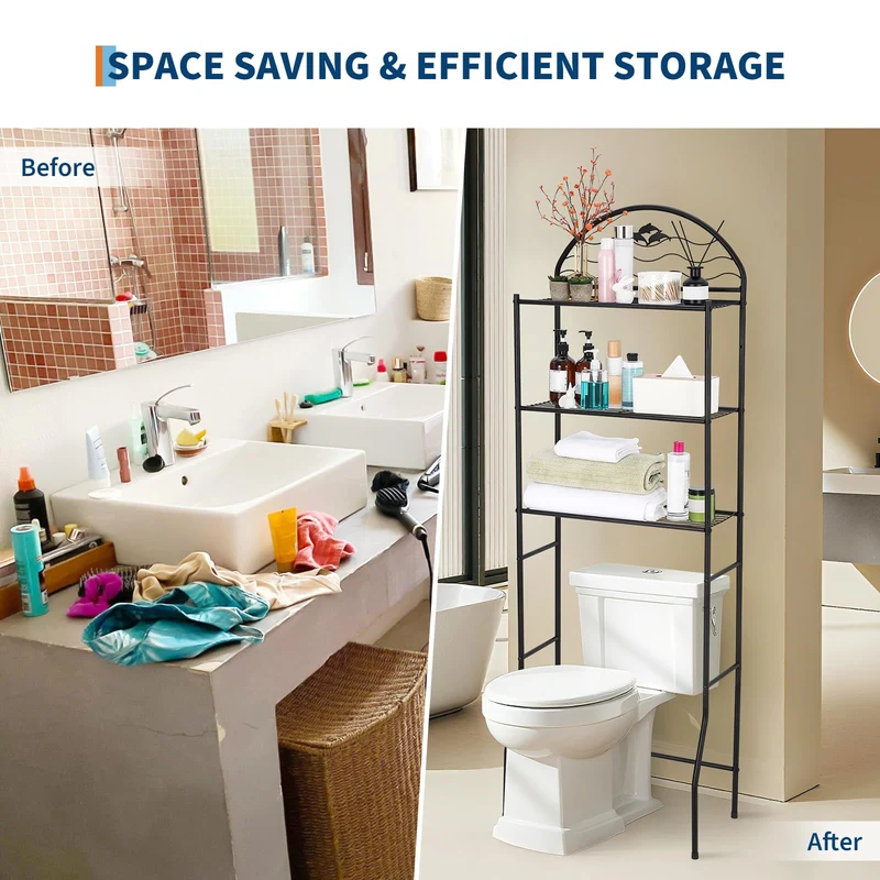 Garvee Mensola Sopra WC 3 Ripiani Organizer Bagno Nero, Ferro, Elegante, 57,2x31x170 cm, Compatto