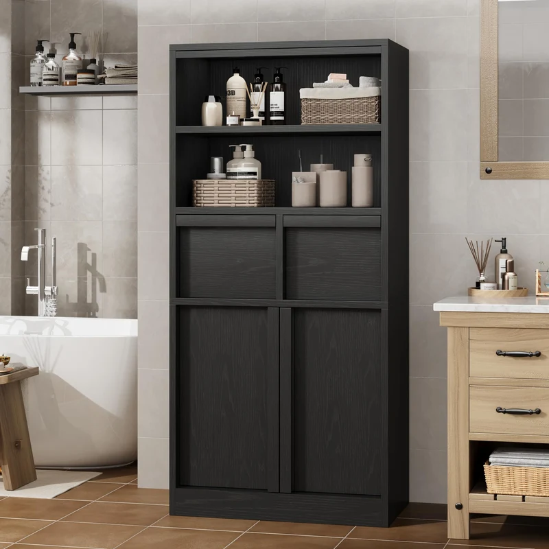 GARVEE Mobiletto Alto da Bagno 60 × 30 × 129 cm in MDF con 2 Cassetti, Ripiani, Ante e Kit Antiribaltamento per Bagno e Cucina, Nero