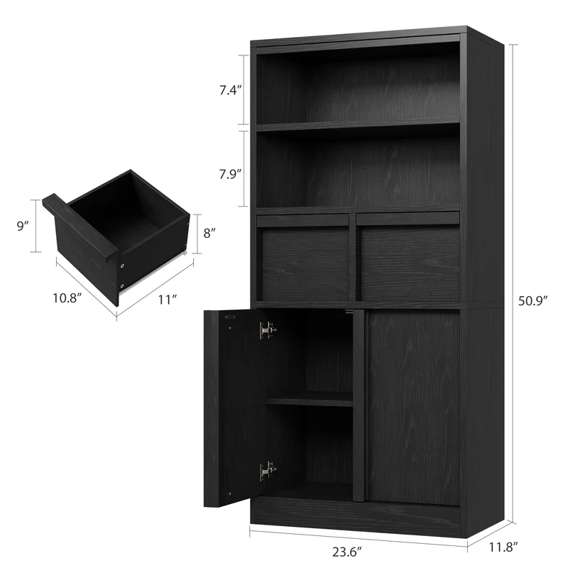 GARVEE Mobiletto Alto da Bagno 60 × 30 × 129 cm in MDF con 2 Cassetti, Ripiani, Ante e Kit Antiribaltamento per Bagno e Cucina, Nero