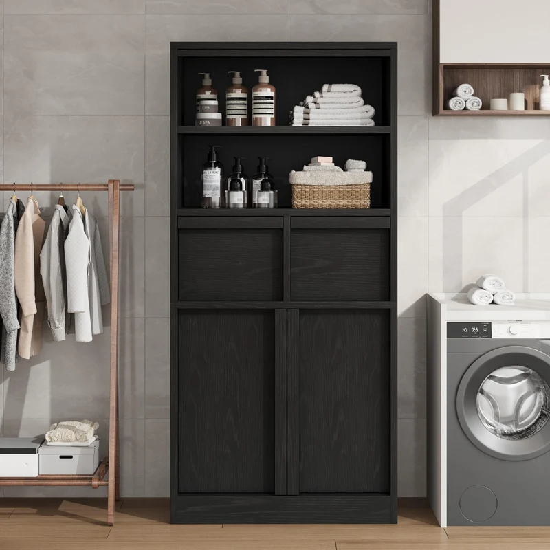 GARVEE Mobiletto Alto da Bagno 60 × 30 × 129 cm in MDF con 2 Cassetti, Ripiani, Ante e Kit Antiribaltamento per Bagno e Cucina, Nero