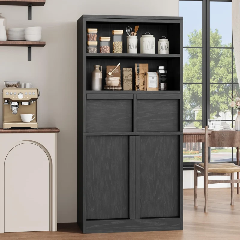 GARVEE Mobiletto Alto da Bagno 60 × 30 × 129 cm in MDF con 2 Cassetti, Ripiani, Ante e Kit Antiribaltamento per Bagno e Cucina, Nero