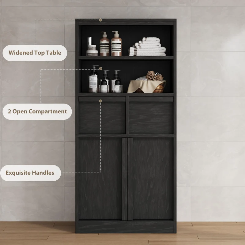 GARVEE Mobiletto Alto da Bagno 60 × 30 × 129 cm in MDF con 2 Cassetti, Ripiani, Ante e Kit Antiribaltamento per Bagno e Cucina, Nero