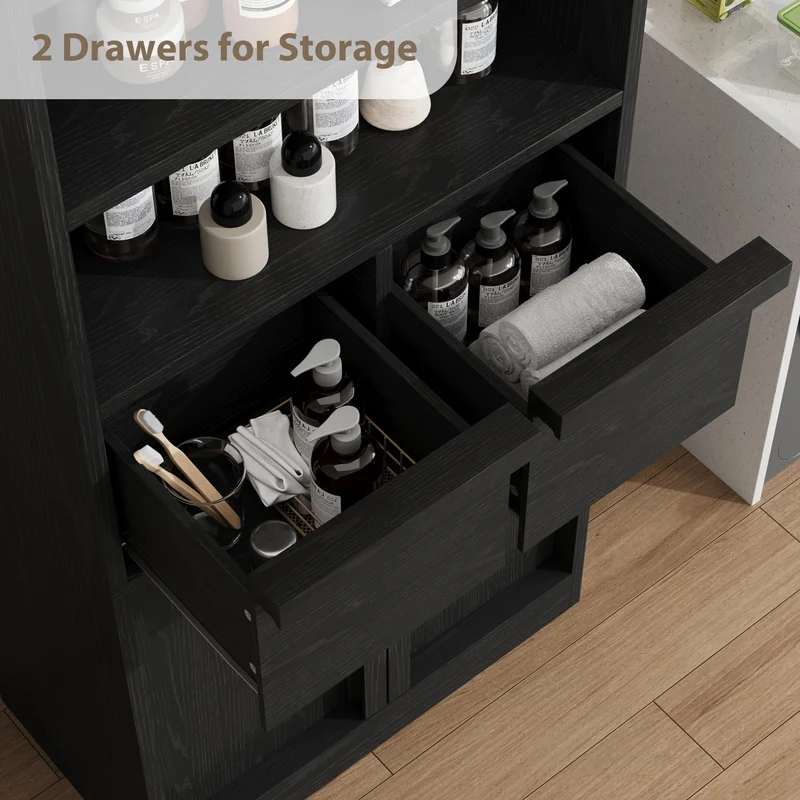 GARVEE Mobiletto Alto da Bagno 60 × 30 × 129 cm in MDF con 2 Cassetti, Ripiani, Ante e Kit Antiribaltamento per Bagno e Cucina, Nero