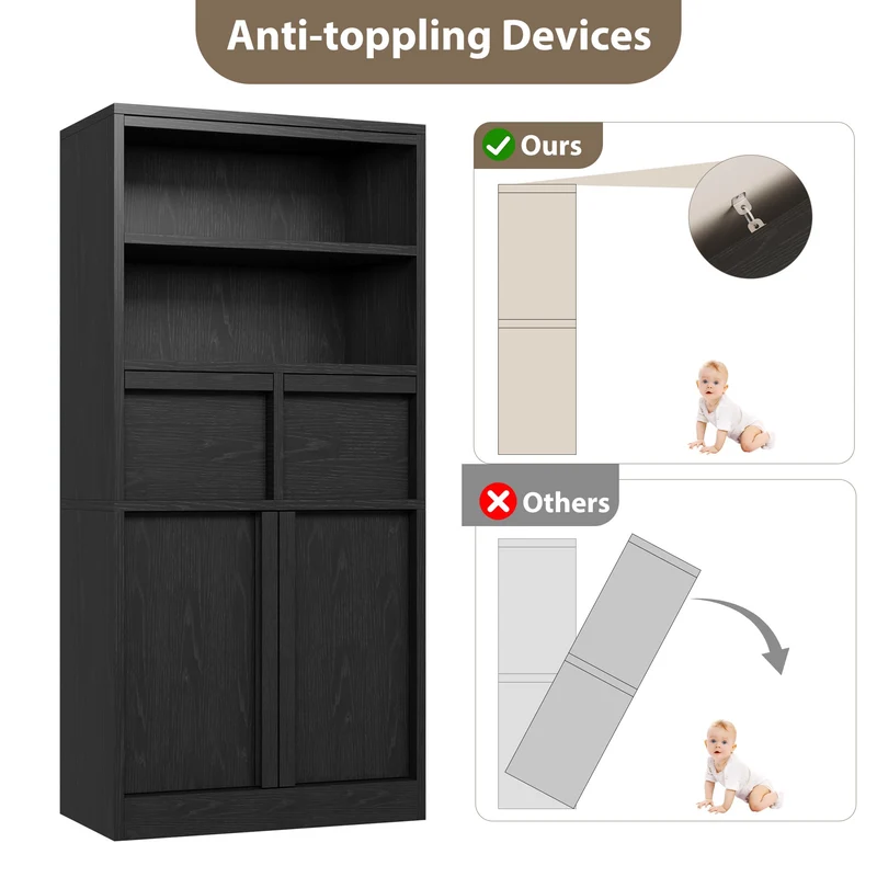 GARVEE Mobiletto Alto da Bagno 60 × 30 × 129 cm in MDF con 2 Cassetti, Ripiani, Ante e Kit Antiribaltamento per Bagno e Cucina, Nero