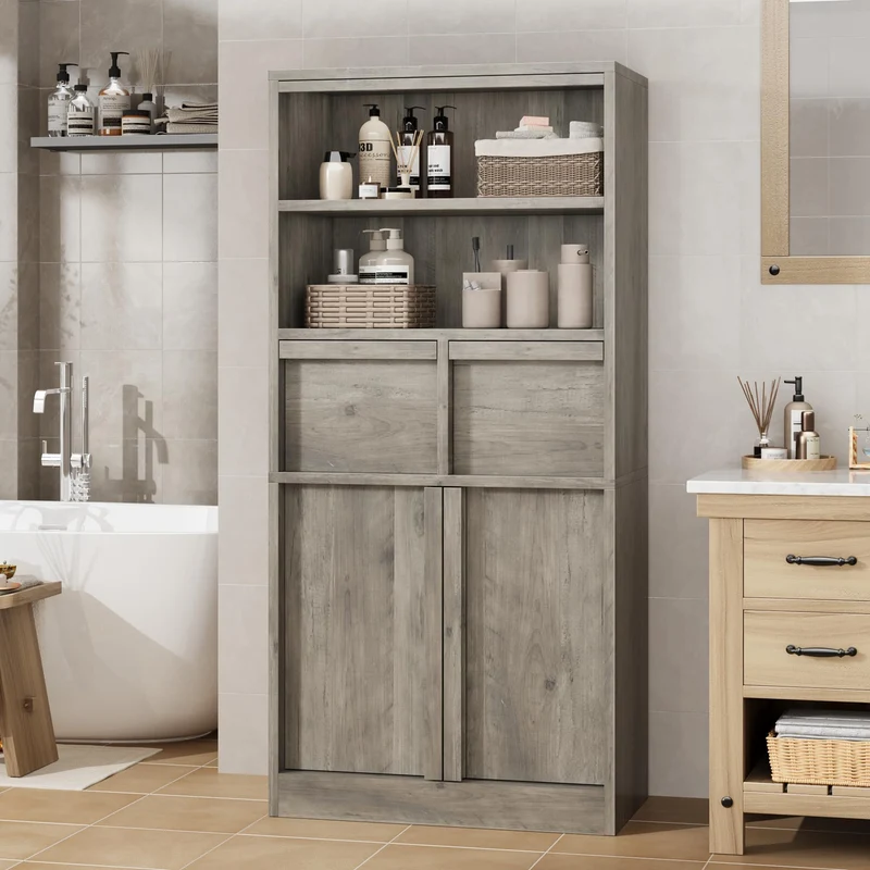 Garvee Mobiletto Alto per Bagno con Ante e 2 Cassetti, Organizzatore 130 cm H, MDF Verniciato, Resistente all'Acqua e Antiribaltamento, Bianco, Multiuso