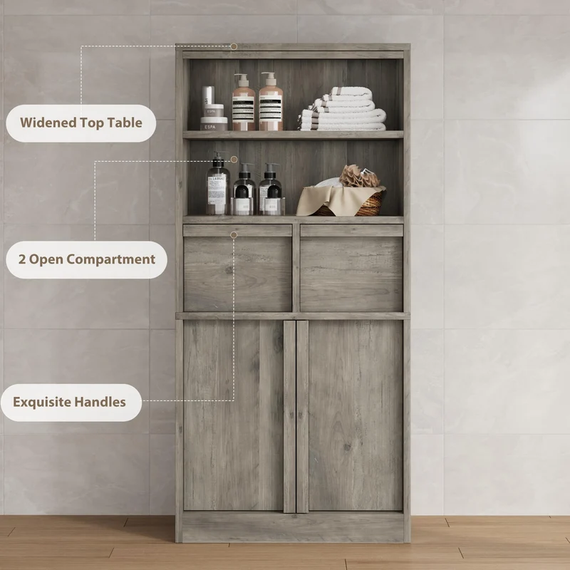 Garvee Mobiletto Alto per Bagno con Ante e 2 Cassetti, Organizzatore 130 cm H, MDF Verniciato, Resistente all'Acqua e Antiribaltamento, Bianco, Multiuso
