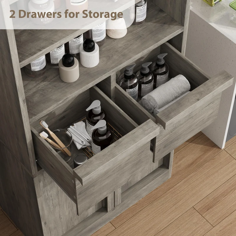 Garvee Mobiletto Alto per Bagno con Ante e 2 Cassetti, Organizzatore 130 cm H, MDF Verniciato, Resistente all'Acqua e Antiribaltamento, Bianco, Multiuso