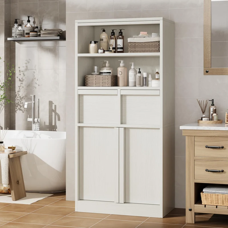 Garvee Mobiletto Alto per Bagno 130 cm H, Armadietto con Ante e 2 Cassetti, MDF Verniciato, Resistente all'Acqua, Antiribaltamento, Bianco, Multiuso per Bagno e Soggiorno