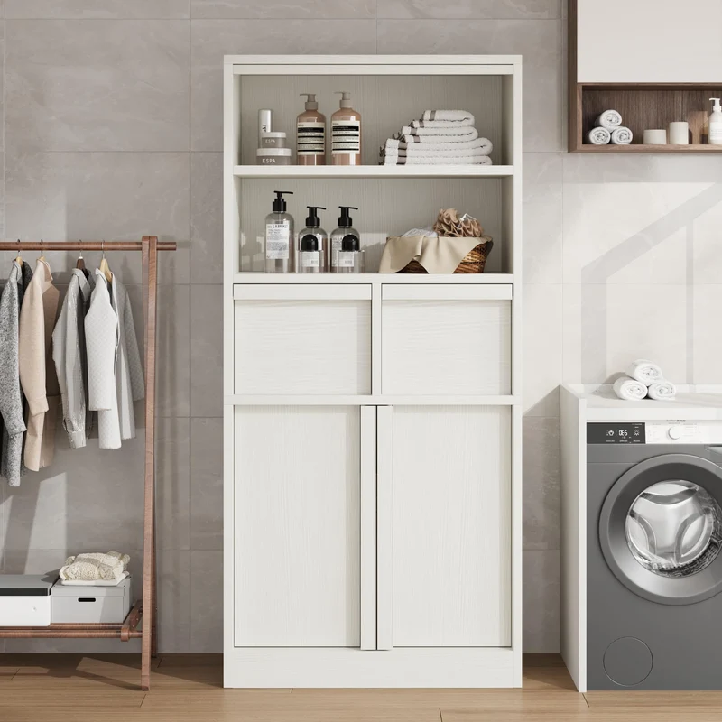 Garvee Mobiletto Alto per Bagno 130 cm H, Armadietto con Ante e 2 Cassetti, MDF Verniciato, Resistente all'Acqua, Antiribaltamento, Bianco, Multiuso per Bagno e Soggiorno