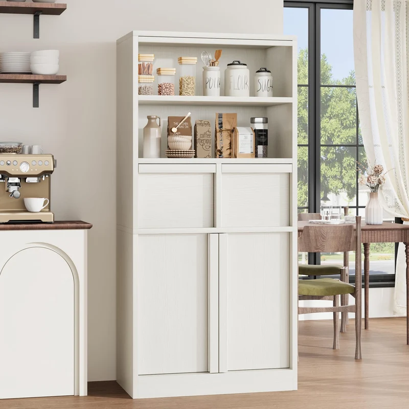 Garvee Mobiletto Alto per Bagno 130 cm H, Armadietto con Ante e 2 Cassetti, MDF Verniciato, Resistente all'Acqua, Antiribaltamento, Bianco, Multiuso per Bagno e Soggiorno