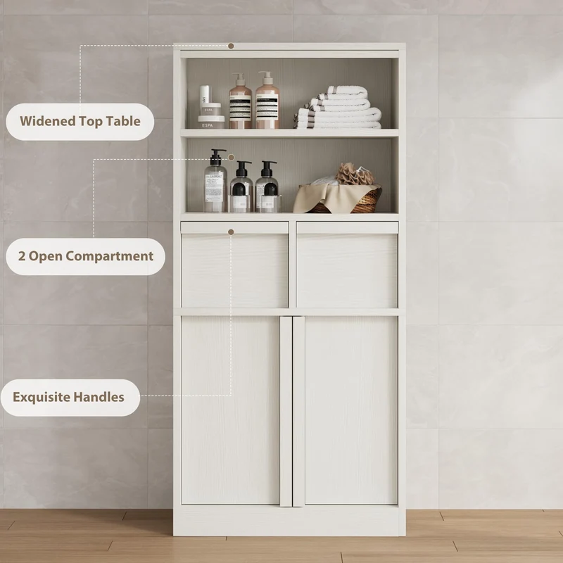Garvee Mobiletto Alto per Bagno 130 cm H, Armadietto con Ante e 2 Cassetti, MDF Verniciato, Resistente all'Acqua, Antiribaltamento, Bianco, Multiuso per Bagno e Soggiorno