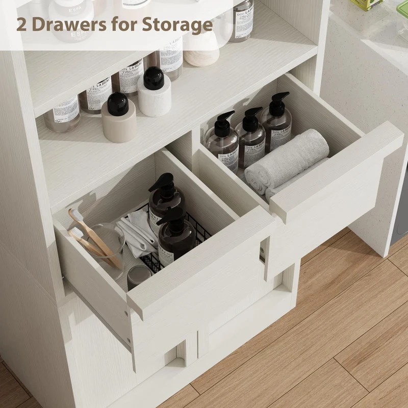 Garvee Mobiletto Alto per Bagno 130 cm H, Armadietto con Ante e 2 Cassetti, MDF Verniciato, Resistente all'Acqua, Antiribaltamento, Bianco, Multiuso per Bagno e Soggiorno