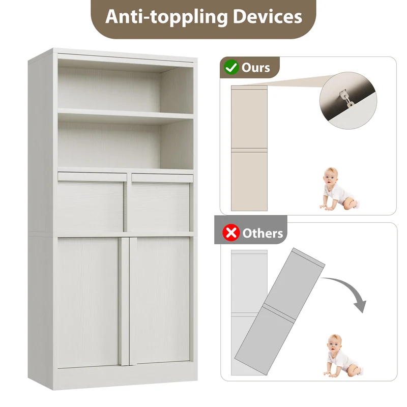 Garvee Mobiletto Alto per Bagno 130 cm H, Armadietto con Ante e 2 Cassetti, MDF Verniciato, Resistente all'Acqua, Antiribaltamento, Bianco, Multiuso per Bagno e Soggiorno