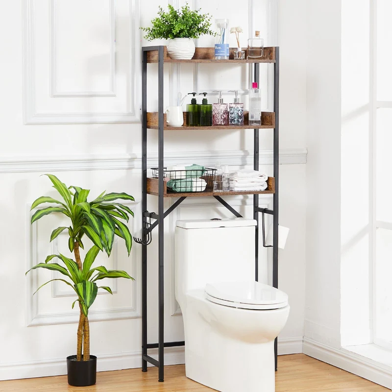 Garvee Mobiletto Sopra WC 3 Ripiani con Ganci e Porta Carta Igienica, Salvaspazio, Regolabile, Legno e Metallo, Per Bagno e Lavanderia