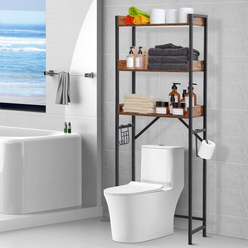 Garvee Mobiletto Sopra WC 3 Ripiani con Ganci e Porta Carta Igienica, Salvaspazio, Regolabile, Legno e Metallo, Per Bagno e Lavanderia