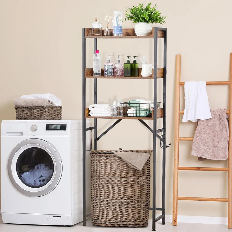 Garvee Mobiletto Sopra WC 3 Ripiani con Ganci e Porta Carta Igienica, Salvaspazio, Regolabile, Legno e Metallo, Per Bagno e Lavanderia