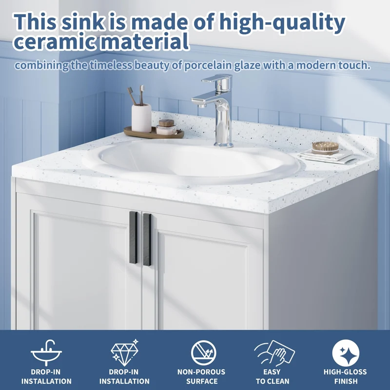 Garvee Lavabo da Bagno Semi-Recesso in Ceramica Rotondo 51.4x43.2x19.4 cm, Foro Singolo, Design Moderno, Resistente e Facile da Pulire, Ideale per Case e Appartamenti