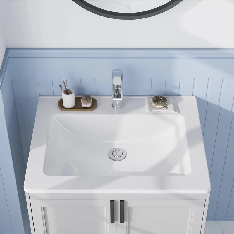 Lavabo da Bagno Semi-Incastrato in Ceramica Garvee, Design Moderno Salvaspazio, 54x45x16.9 cm, Bianco, Foro Singolo
