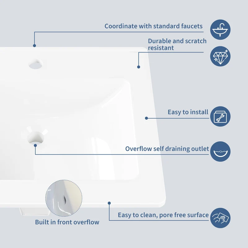 Lavabo da Bagno Semi-Incastrato in Ceramica Garvee, Design Moderno Salvaspazio, 54x45x16.9 cm, Bianco, Foro Singolo