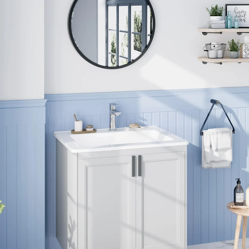 Lavabo da Bagno Semi-Incastrato in Ceramica Garvee, Design Moderno Salvaspazio, 54x45x16.9 cm, Bianco, Foro Singolo