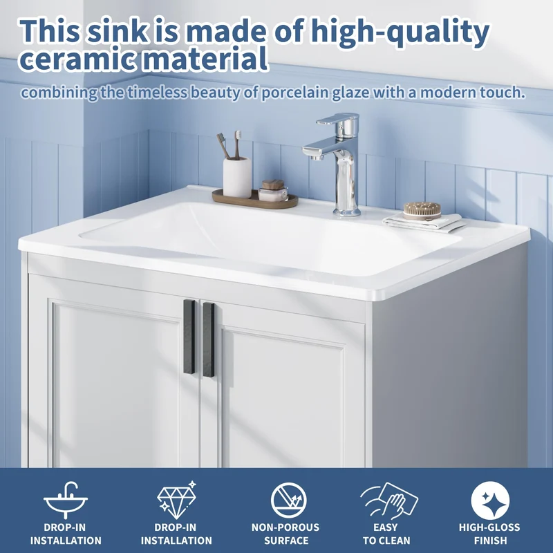 Lavabo da Bagno Semi-Incastrato in Ceramica Garvee, Design Moderno Salvaspazio, 54x45x16.9 cm, Bianco, Foro Singolo