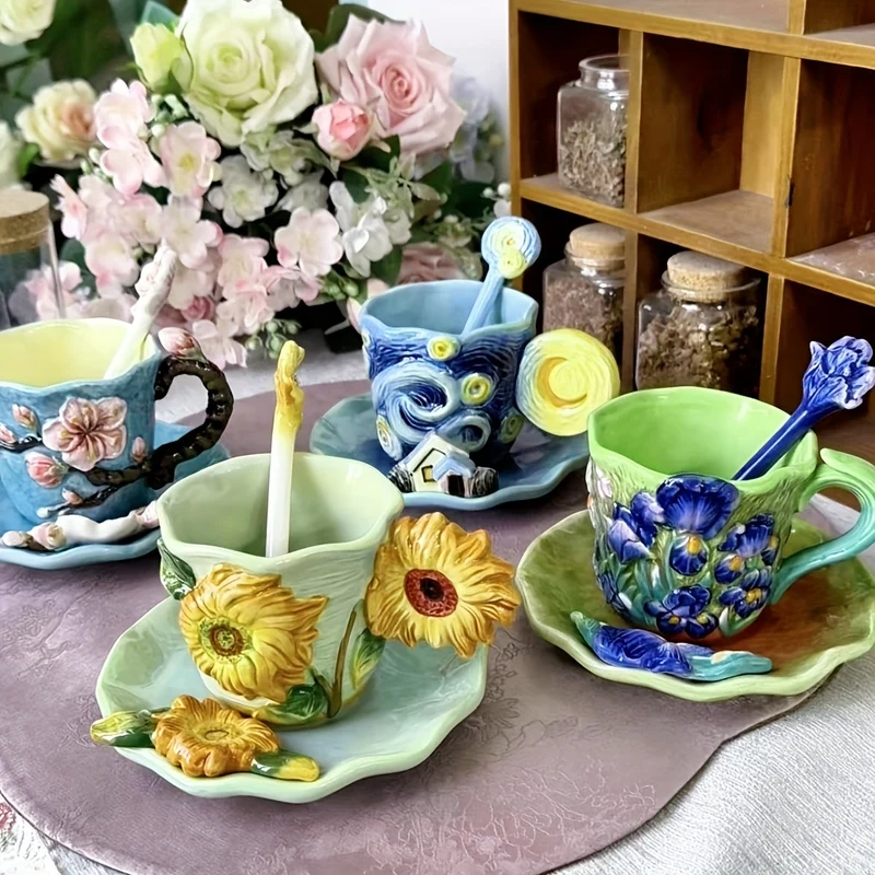ArtSip keramikkopp og underkoppsett – Håndmalt 3D-design inspirert av Van Gogh | Luvikno