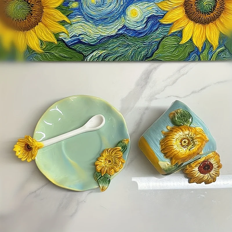 ArtSip keramikkopp og underkoppsett – Håndmalt 3D-design inspirert av Van Gogh | Luvikno