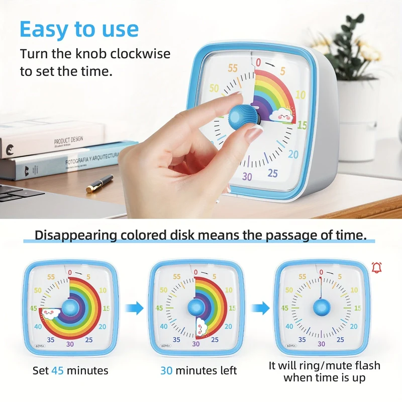 Rainbow Time Management Timer – Visuell 60-minutters nedtellingsur for studie, arbeid og hjem | Luvikno
