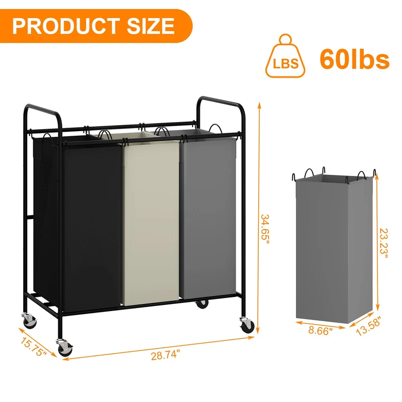 Garvee Carrello Portabiancheria con Ruote Bloccabili, Telaio in Acciaio, Sacchi Rimovibili, Ideale per Dormitori e Bagni, XL 40L, Tela Resistente