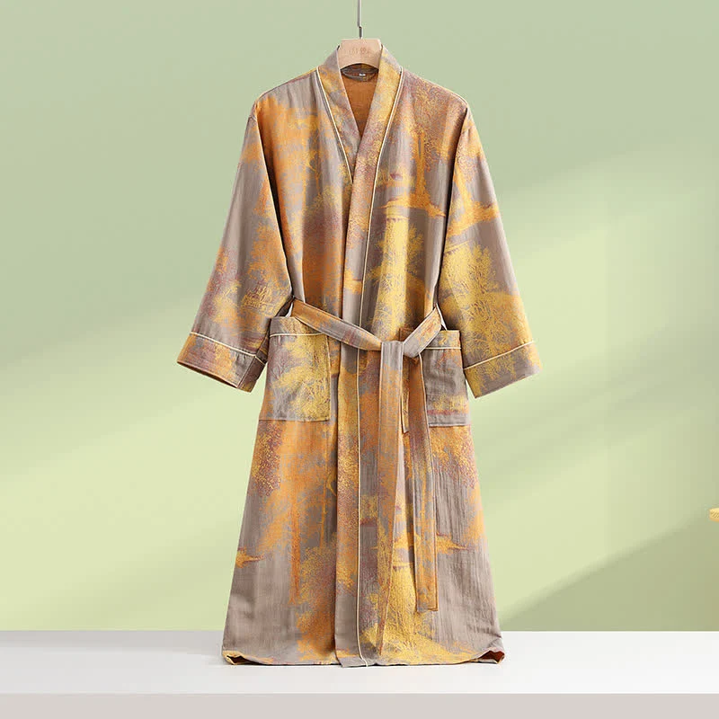 Langärmliger Kimono-Bademantel aus Baumwollgaze