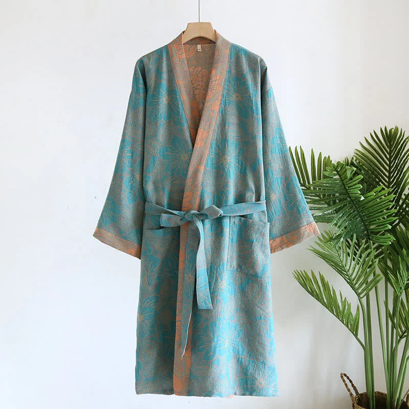 Bademantel aus Baumwollgaze-Jacquard mit Vintage-Blumenmuster