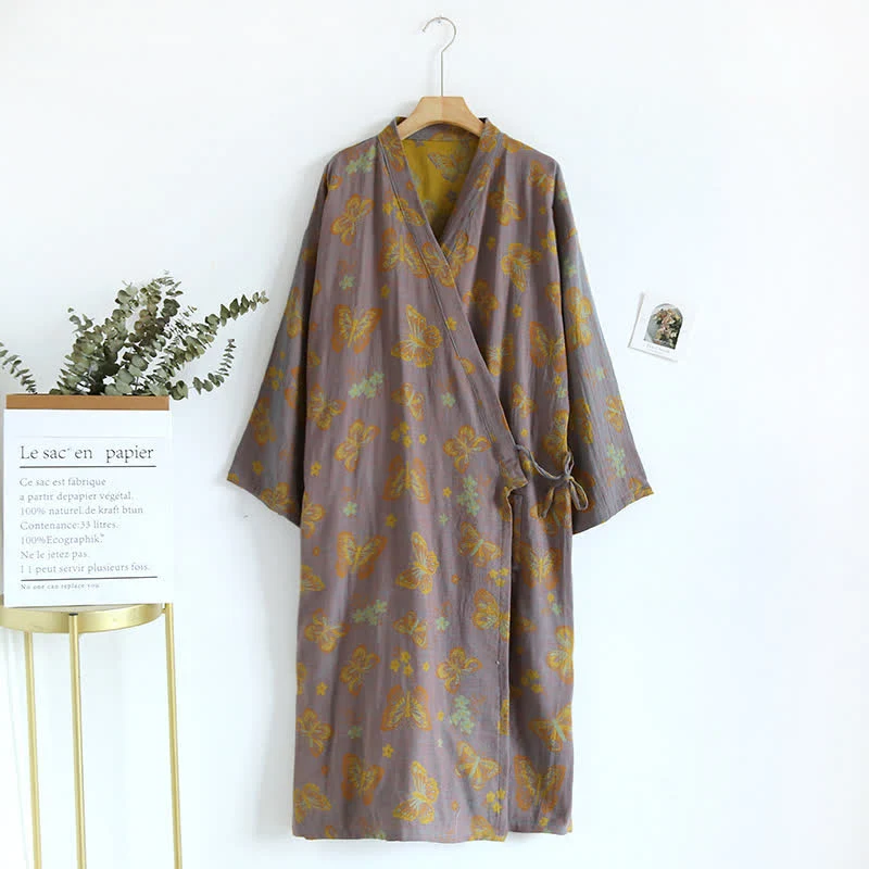 Retro Schmetterling V-Ausschnitt Baumwoll Bademantel Pyjama