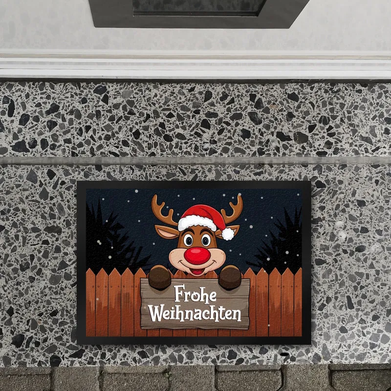 Rentier mit Weihnachtsmannmütze - Frohe Weihnachten Fußmatte in 35x50 cm